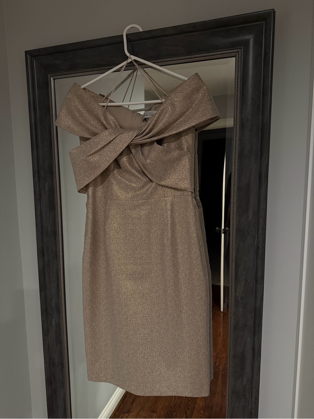 Teri Jon Off The Shoulder Metallic Taupe Bow Sheath Dress
